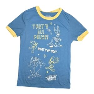 Looney tunes ringer tee blue yellow size small what's up doc that's all folks